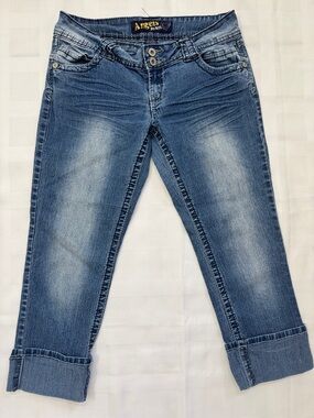 Angels Faded Light-Medium Blue Cropped Cuffed Capri Jeans